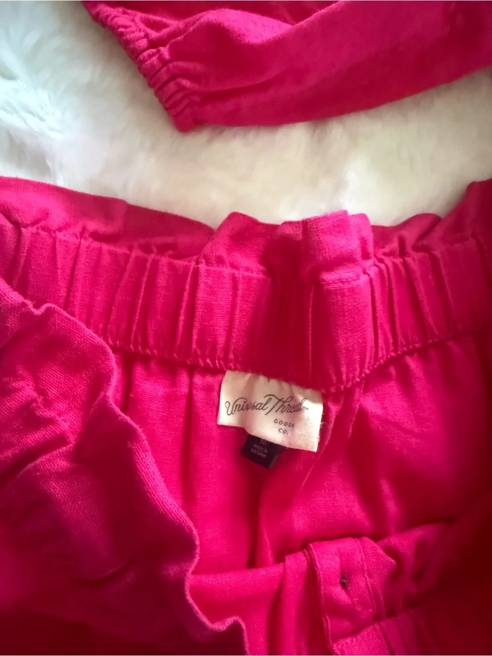 Linen Blend Off-Shoulder Smocked Crop & Midi Skirt Set in Fuchsia Pink